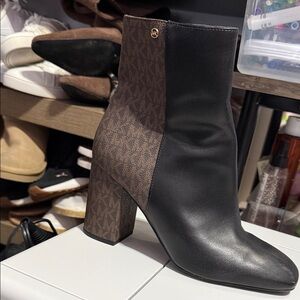Michael Kors Black Leather and Brown MK Logo Block Heel Ankle Boot